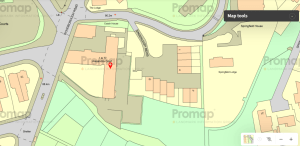 A detailed map highlights 13-17 Alexander Court with a red location pin. Surrounding buildings, roads, and areas named Springfield House, Springfield Lodge, and Coach House are labeled. Roads and pathways are clearly marked, showing connections to nearby buildings. Investment apartments for sale by auction in New Alexandra Court Nottingham can also be viewed on the map from Palace Auctions.