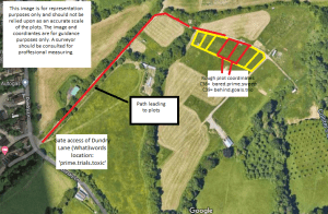 Aerial view map showing access to plots. Red line indicates the path leading to the plots from Dundry Lane gate entrance (What3words location: prime.trials.toxic). Several rough plot coordinates marked in yellow (C38– goals.rid.sift). Image for guidance only. Sold by Palace Auctions.