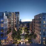 Digital rendering of a modern urban residential development at dusk depicting a new build development opportunity for sale