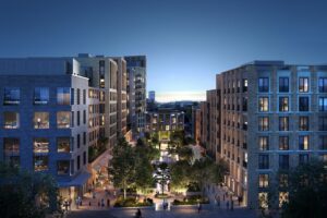 Digital rendering of a modern urban residential development at dusk depicting a new build development opportunity for sale