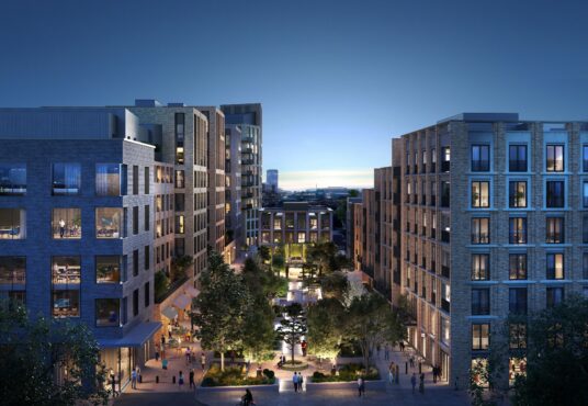 Digital rendering of a modern urban residential development at dusk depicting a new build development opportunity for sale