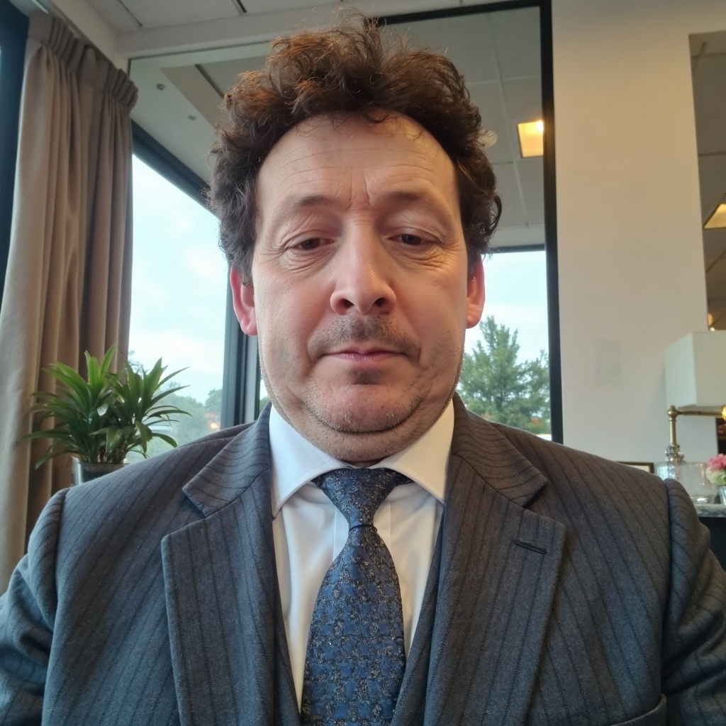 A man with curly brown hair Edward Swindells in a pinstripe suit and blue patterned tie sits indoors near a window, with a plant and lamp in the background—reflecting Edward Swindells Auctioneer advice on presenting oneself professionally. Presented by Palace Auctions