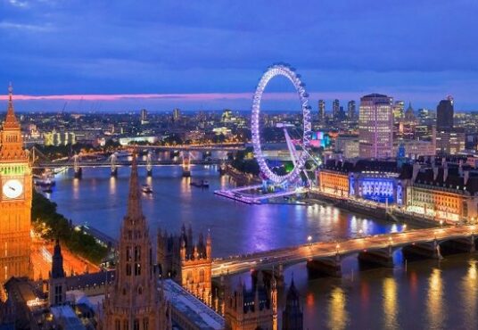 Panoramic view of London at twilight, featuring landmarks such as Big Ben, the Houses of Parliament, and the London Eye