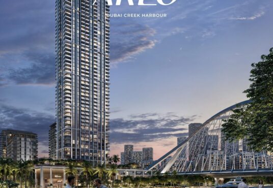 Conceptual rendering of ARLO, a modern residential tower in Dubai Creek Harbour, available for 2025 completion