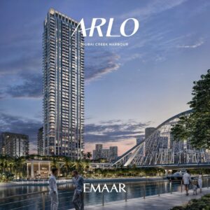 Conceptual rendering of ARLO, a modern residential tower in Dubai Creek Harbour, for sale with Palace Auctions and Joint agents for £25M