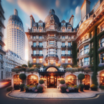 A grand, ornate building with arched windows and lush greenery adorns the front of a luxurious hotel. Warm, inviting lights illuminate the entrance. Surrounding modern skyscrapers create a striking contrast. The scene exudes elegance and opulence.