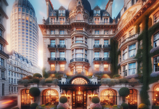 A grand, ornate building with arched windows and lush greenery adorns the front of a luxurious hotel. Warm, inviting lights illuminate the entrance. Surrounding modern skyscrapers create a striking contrast. The scene exudes elegance and opulence.