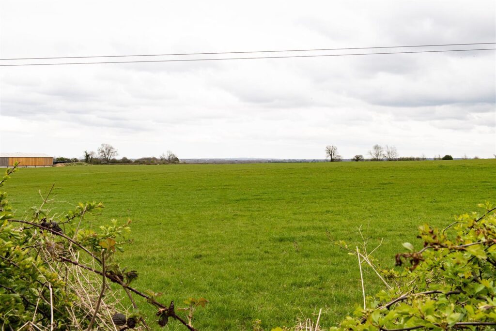 A vast green field stretches into the distance under a cloudy sky. Sparse trees are visible on the horizon, and a few bushes frame the foreground. Power lines run horizontally across the scene, dividing the sky. A building can be seen on the left side.
