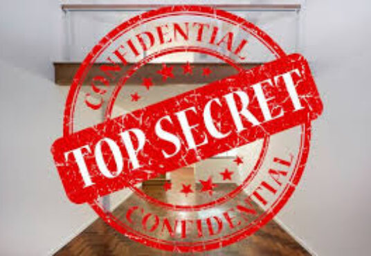 Top secret property for sale. Top Secret stamp on a blurred document