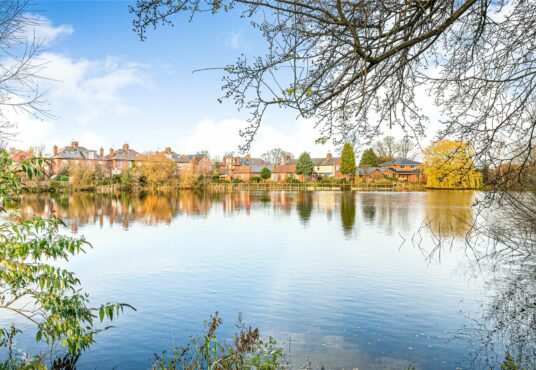 Lakeside scene of a new development with houses and autumnal trees