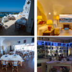 A collage of four images showcases different areas of a Mediterranean-style restaurant. Top left: outdoor dining with sea views; top right: cozy indoor seating with a window view; bottom left: indoor dining area; bottom right: a wine display with shelves of bottles, perfect for an Italian hotel investment opportunity.