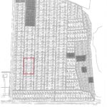 Property for sale by Auction A black-and-white grid map with numerous small, labeled plots of land. Some plots are shaded darker than others. A red rectangle outlines a section of plots in the middle-left area. Text at the bottom reads "12 PLOTS - A360 - A365, A342 - A347. Presented by Palace Auctions