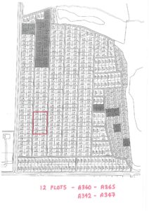 Property for sale by Auction A black-and-white grid map with numerous small, labeled plots of land. Some plots are shaded darker than others. A red rectangle outlines a section of plots in the middle-left area. Text at the bottom reads "12 PLOTS - A360 - A365, A342 - A347. Presented by Palace Auctions