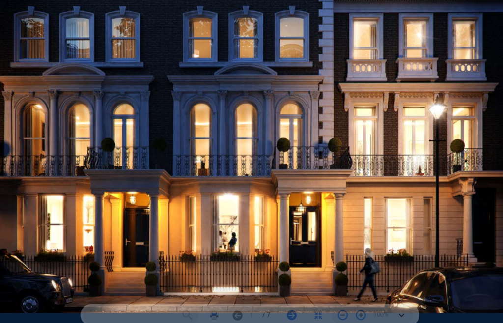 A street view at dusk shows elegant, illuminated townhouses with large windows and classic architectural details. Topiary plants in pots decorate the entrance, and a figure walks by on the sidewalk. Cars are parked along the street.