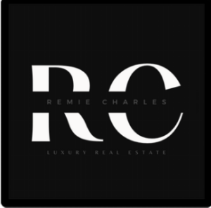 A black square logo with the white letters "RC" prominently displayed. "REMIE CHARLES" and "LUXURY REAL ESTATE" are written in white, capturing a modern, minimalist aesthetic. This symbolizes Remi-Charles Real Estate’s international presence, partnering with Palace Auctions for joint auctioneers.