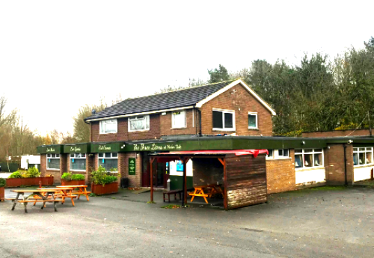 Property for sale by Auction A brick building features signs for "The Barn House" pub, also known as the Three Lions Public House. It has a pitched roof and a single-story extension. In front, picnic tables and wooden benches are arranged on a paved area. Trees and a cloudy sky are in the background. Presented by Palace Auctions