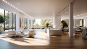 A spacious, modern office with large windows letting in natural light. It features sleek white furniture, including chairs, sofas, and workspaces. There are plants and minimalistic decor, creating a bright and open atmosphere—perfect for an office investment business for sale in Singapore.