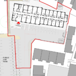 A site plan map outlines a building and adjacent parking area with a red border. The building has a labeled main entrance. Adjacent to this, a private car park is shown with numbered spaces. A public car park is on the left, outside the red boundary.