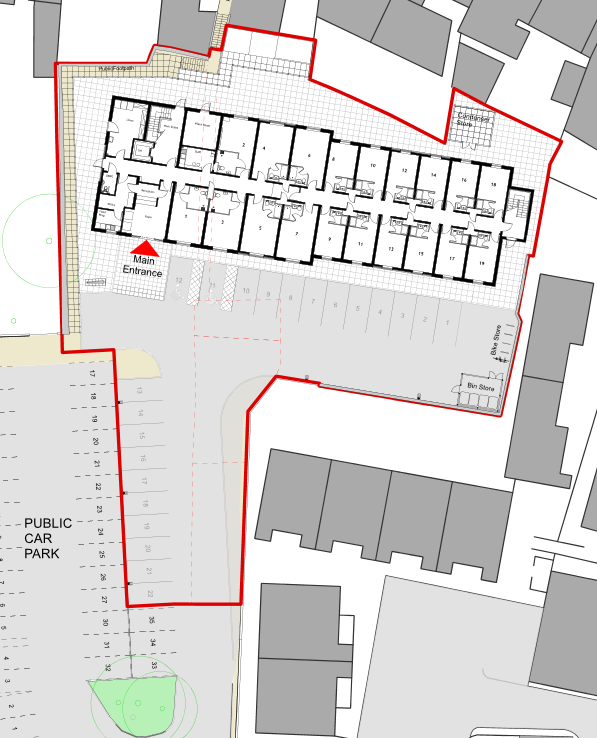 A site plan map outlines a building and adjacent parking area with a red border. The building has a labeled main entrance. Adjacent to this, a private car park is shown with numbered spaces. A public car park is on the left, outside the red boundary.