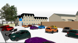 An illustrated image of a parking lot with various colored cars, including red, white, green, purple, orange, and blue. The lot is adjacent to a multi-story beige building with a dark roof and a nearby tree on the left. Other buildings are visible in the background.