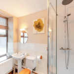 Property for sale by Auction A bright, modern bathroom in The Old Drapery Apartments, 12 Main St, Haltwhistle for sale by auction. It features a glass-enclosed shower with a rainfall showerhead, a white sink with a round mirror above, a toilet with a wooden seat, and framed yellow flower artwork. Frosted windows let in natural light. Presented by Palace Auctions