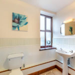 Property for sale by Auction Located in The Old Drapery Apartments, 12 Main St, Haltwhistle, this clean bathroom boasts white walls and tile accents. It features a white toilet, a pedestal sink with a wall-mounted mirror above it, a small window, and a painting of a flower on the wall. For sale by auction. Presented by Palace Auctions
