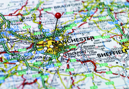 Property for sale by Auction A detailed map of part of England with a red pin marking the city of Manchester. Surrounding cities like Bradford, Huddersfield, and Sheffield are also visible. Various roads, highways, towns, and geographic features are intricately depicted. Presented by Palace Auctions