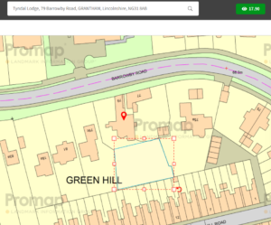 Property for sale by Auction A digital map highlighting Tyndal Lodge, 79 Barrowby Road, Grantham, Lincolnshire, NG31 8AB. The property is marked with a red pointer and surrounded by residential buildings, streets, and a large area labeled "Green Hill." There is a purchase button in the upper right corner. Presented by Palace Auctions