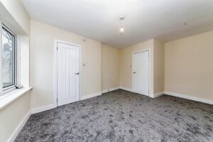 Property for sale by Auction A bright, empty room with beige walls and a grey carpet. It features two white doors and a single ceiling light. A sizable window on the left allows natural light to flood the room, highlighting the clean, minimalist design. Presented by Palace Auctions