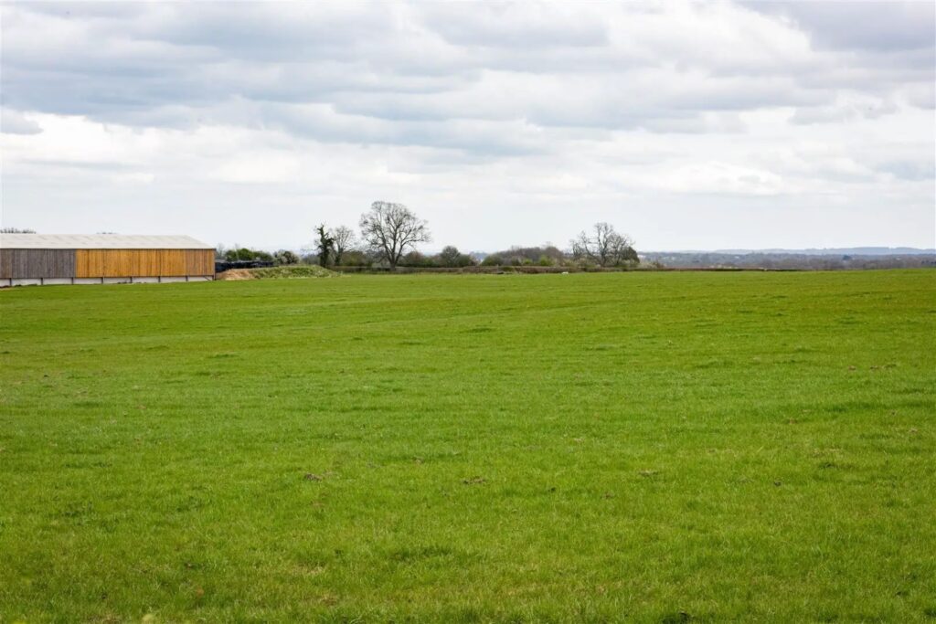 Property for sale by Auction A vast green field under a cloudy sky with a wooden and metal building on the left side. The landscape is mostly flat, with a few scattered leafless trees in the background and rolling hills visible in the distance. Presented by Palace Auctions