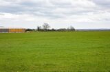 Property for sale by Auction A vast green field under a cloudy sky with a wooden and metal building on the left side. The landscape is mostly flat, with a few scattered leafless trees in the background and rolling hills visible in the distance. Presented by Palace Auctions