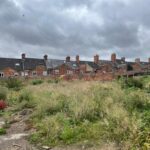 Property for sale by Auction A row of brick houses with chimneys stands under a cloudy sky. In the foreground, there is an overgrown garden area with tall grass, wildflowers, and weeds. A small bird is flying in the sky above the houses. Presented by Palace Auctions
