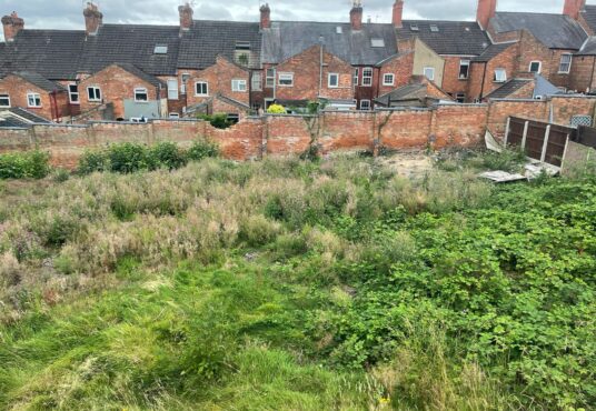 Property for sale by Auction Uneven, overgrown grassy area with patches of wildflowers and weeds. In the background, there is a row of red brick houses with chimneys. A brick wall separates the yard from the houses. The sky is overcast with grey clouds. Presented by Palace Auctions