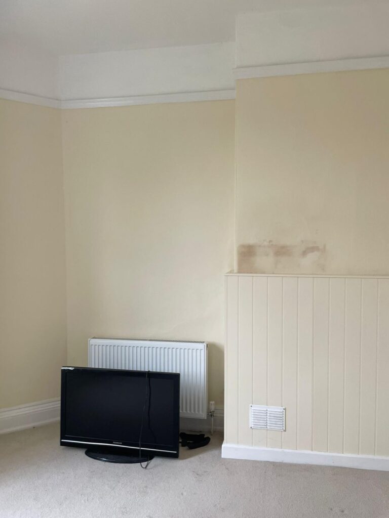 Property for sale by Auction A minimalist room with cream-colored walls and a small section of wainscoting. A blank, slightly stained wall section is visible above the wainscoting. A flat-screen TV is leaning against a radiator on the floor, with its power cable laying next to it. The carpet is light colored. Presented by Palace Auctions