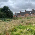 Property for sale by Auction An overgrown garden with tall grass and wildflowers is bordered by a green wooden fence. Behind it, red-brick terraced houses with dark roofs are visible. The sky is cloudy, creating a gloomy atmosphere. A dense, green tree stands to the left. Presented by Palace Auctions