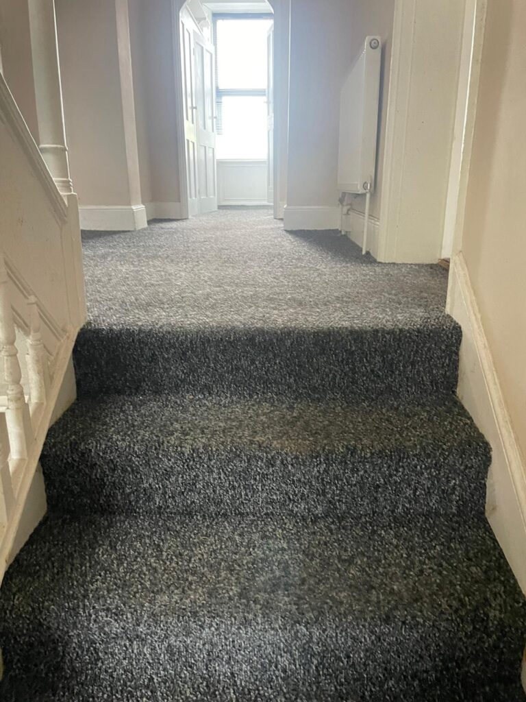 Property for sale by Auction A carpeted staircase and landing area in a house, leading to an open door with natural light shining through. The walls are painted in a light color, and a white radiator is mounted on the right wall. The floor beyond the doorway appears to be wooden. Presented by Palace Auctions