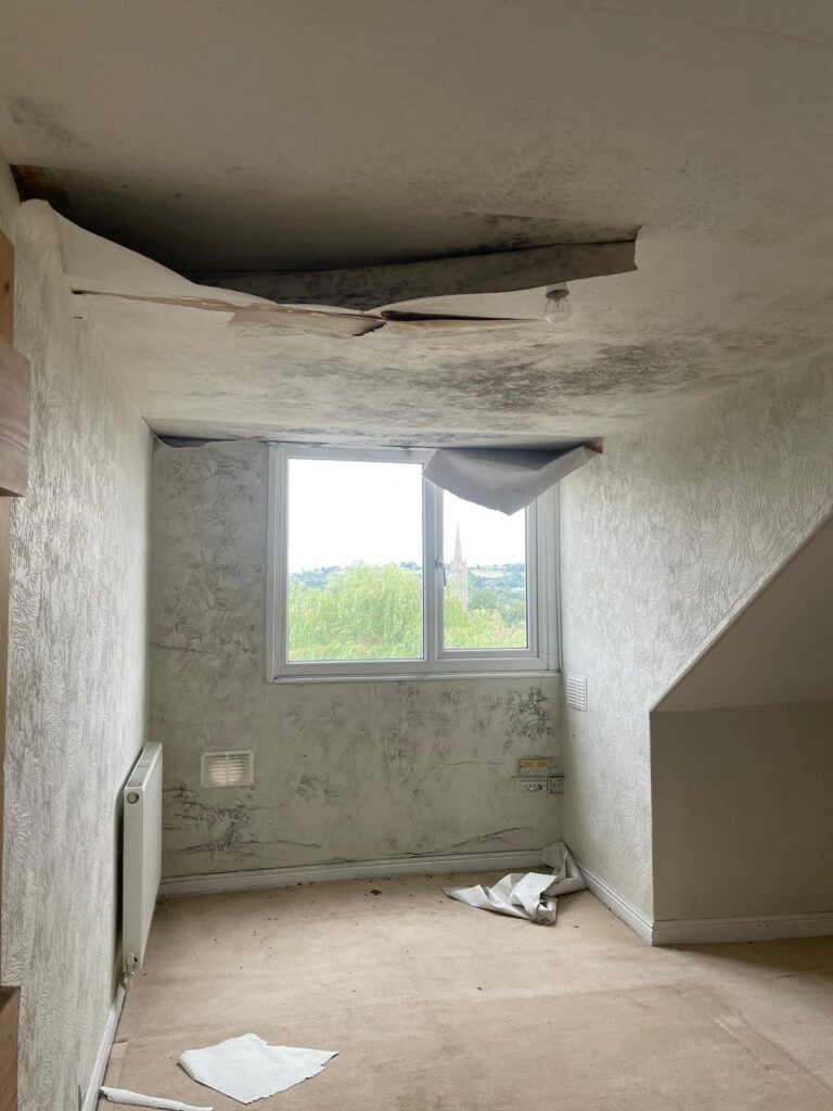 Property for sale by Auction A small room with severe water damage is shown. The ceiling is collapsing, with large sections missing or hanging down. The floor is covered with debris. There is a single window with trees and a church steeple visible outside. The walls are discolored and moldy. Presented by Palace Auctions