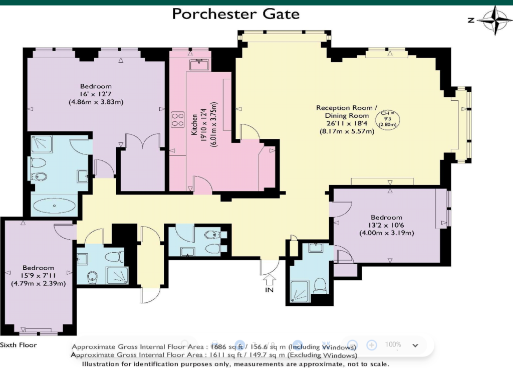 Property for sale by Auction Floor plan of Porchester Gate's sixth floor featuring three bedrooms, a kitchen, a reception room/dining room, and two bathrooms. Rooms are color-coded: pink for the kitchen (15'10" x 7'9"), yellow for the reception room/dining room (18'2" x 18'3"), and various shades for bedrooms and bathrooms. Presented by Palace Auctions