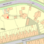 Property for sale by Auction A detailed map showing a section of Green Hill with structures and plots marked. Green Hill Road and Barrowby Road are labeled, showing residential buildings and property boundaries. A particular plot is highlighted with a red pin near Barrowby Road. Presented by Palace Auctions