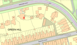 Property for sale by Auction A detailed map showing a section of Green Hill with structures and plots marked. Green Hill Road and Barrowby Road are labeled, showing residential buildings and property boundaries. A particular plot is highlighted with a red pin near Barrowby Road. Presented by Palace Auctions