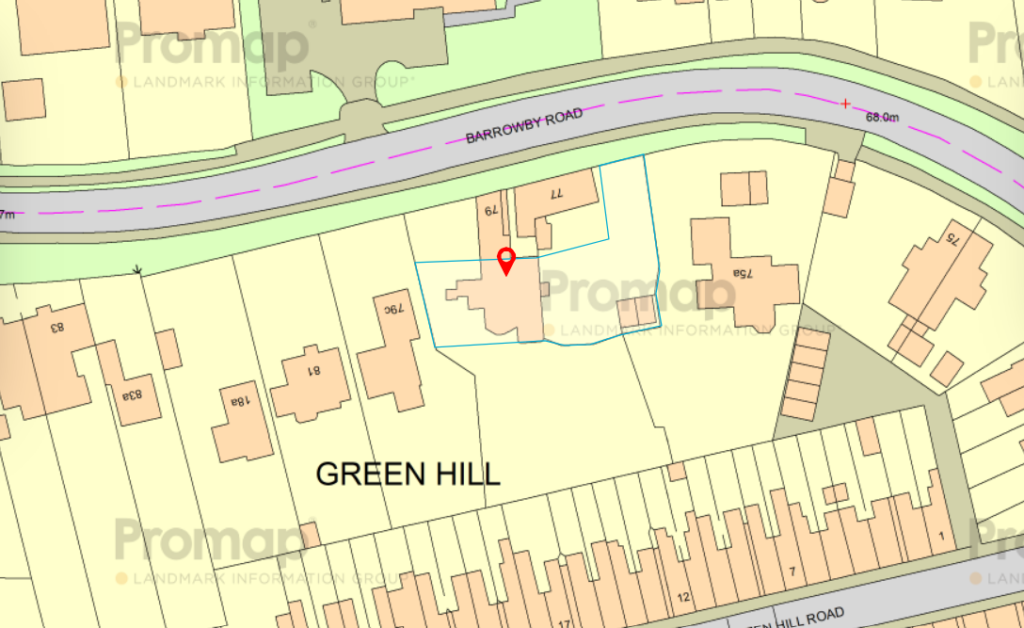 Property for sale by Auction A map highlighting a property on Green Hill with a red marker. The map shows surrounding buildings, roads, and property boundaries, including Barrowby Road to the north and a row of closely spaced houses to the south. Presented by Palace Auctions