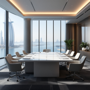 Property for sale by Auction A modern conference room with a large white table and eight chairs facing floor-to-ceiling windows, offering a city and waterfront view. Soft lighting and minimal décor create an elegant, professional atmosphere. Presented by Palace Auctions