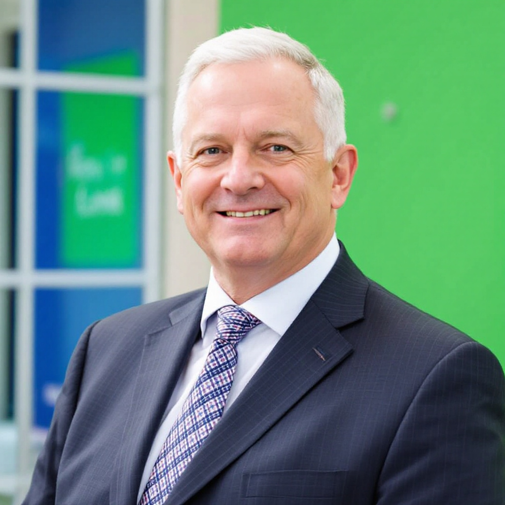 Property for sale by Auction A person with short gray hair is smiling while wearing a dark suit, white shirt, and patterned tie. The background features a green wall and large windows. Presented by Palace Auctions