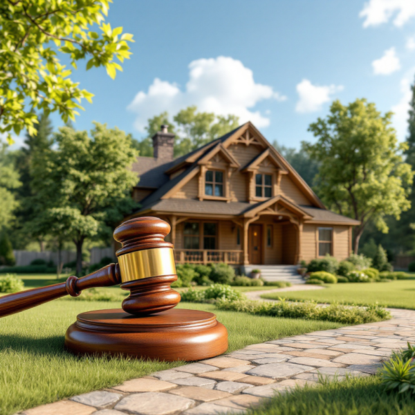 Property for sale by Auction A wooden gavel from Palace Auctions Independent Auctioneers rests on a stone pathway leading to a cozy wooden house, surrounded by lush green trees and grass under a clear blue sky with fluffy clouds. Presented by Palace Auctions