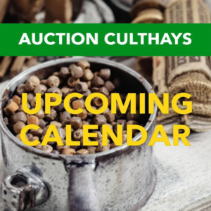 Property for sale by Auction A close-up of a rustic metal cup brimming with dried peppercorns, surrounded by scrolls. The image features the text "PALACE AUCTIONS" on a green strip at the top and "UPCOMING CALENDAR" in bold yellow letters at the center. Presented by Palace Auctions