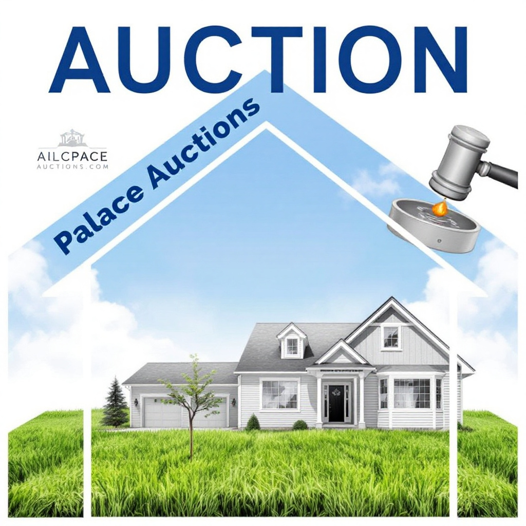 Property for sale by Auction Illustration of a house on a grassy field with a stylized gavel in the top right, signaling how to buy a property at auction. The words 