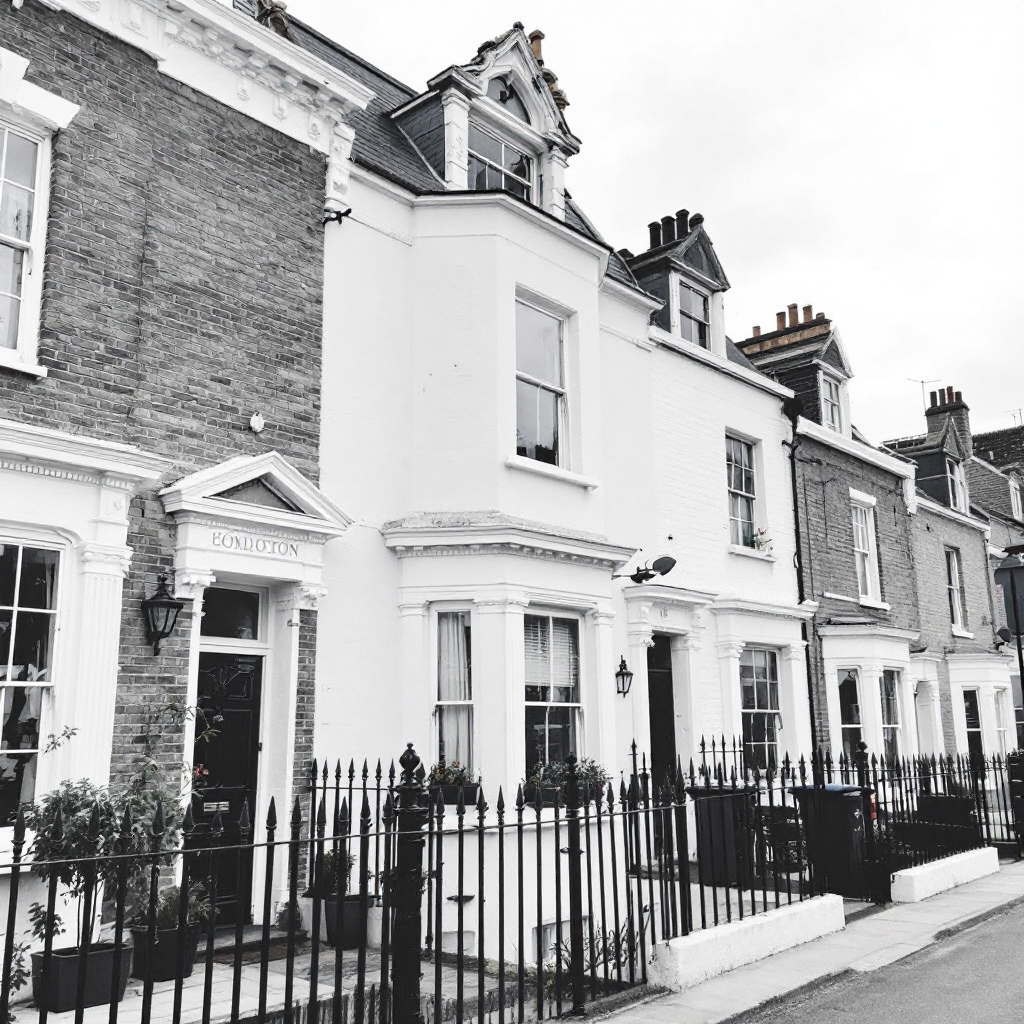 Property for sale by Auction A black and white image of a row of elegant terraced houses. The buildings feature classic architectural details, large windows, and iron fences. The sky is overcast, adding a moody atmosphere to the scene. Presented by Palace Auctions