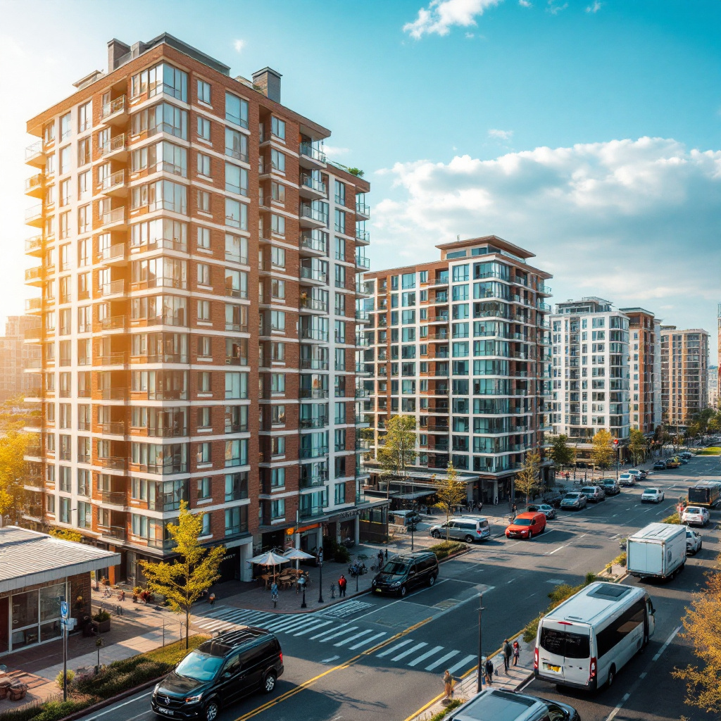 Property for sale by Auction Busy urban street scene with several modern, multi-story apartment buildings under a clear blue sky. Cars, buses, and pedestrians move through the bustling intersection, while sunlight illuminates the facades of the buildings. Presented by Palace Auctions