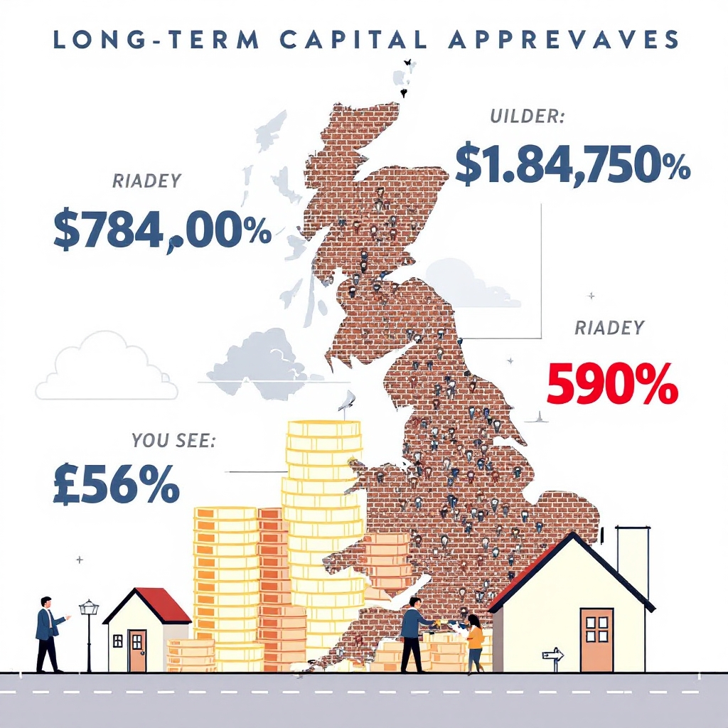 Property for sale by Auction Illustration of the UK map made of bricks, with figures: $784,000, $1,847,500, and 590%. People stand near houses, stacks of coins, and charts labeled "Long-Term Capital Apprewaves. Presented by Palace Auctions