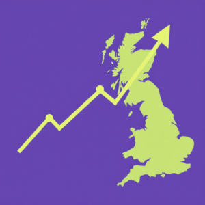 Property for sale by Auction A bright green silhouette of the United Kingdom on a purple background, overlaid with a yellow line graph showing an upward trend, symbolizing growth or progress. Presented by Palace Auctions